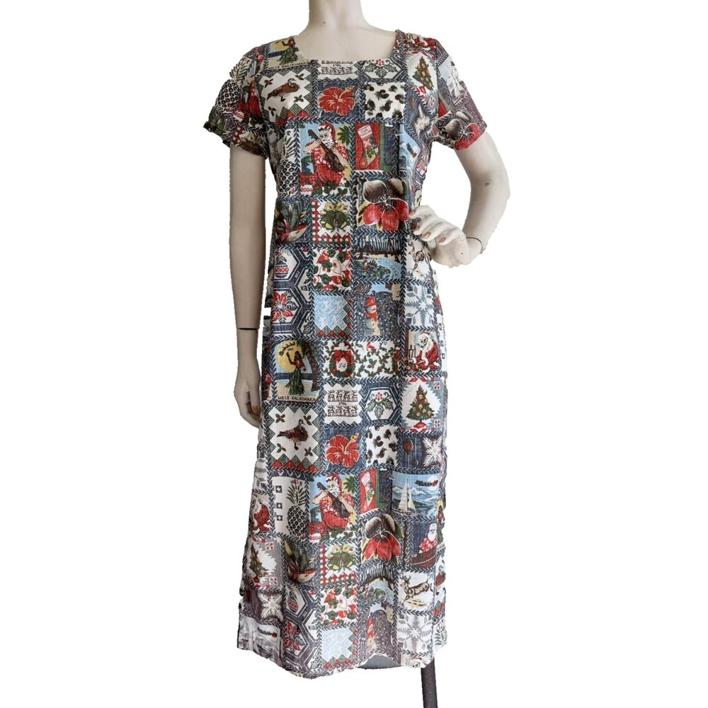 REYN SPOONER Mele Kalikimaka Christmas Patchwork Hawaiian Aloha Dress Size S